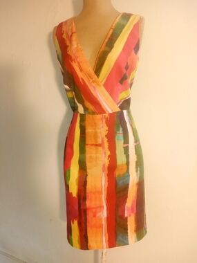 Leslie Fay Watercolor Stripe Surplice Midi Dress in Multicolor